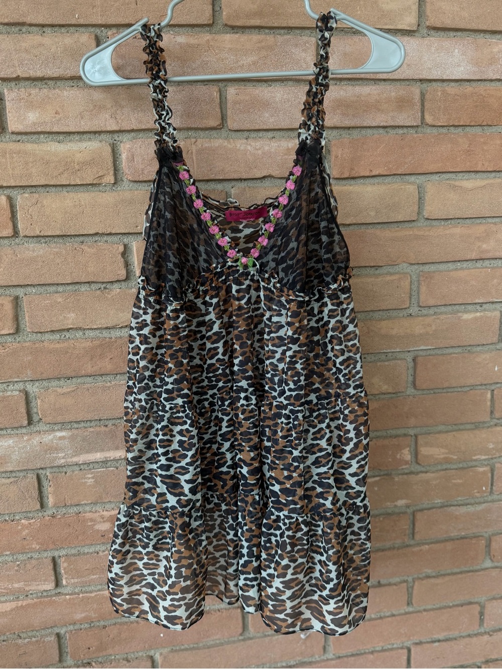 Betsey Johnson Leopard Print Chemise with Pink Floral Trim